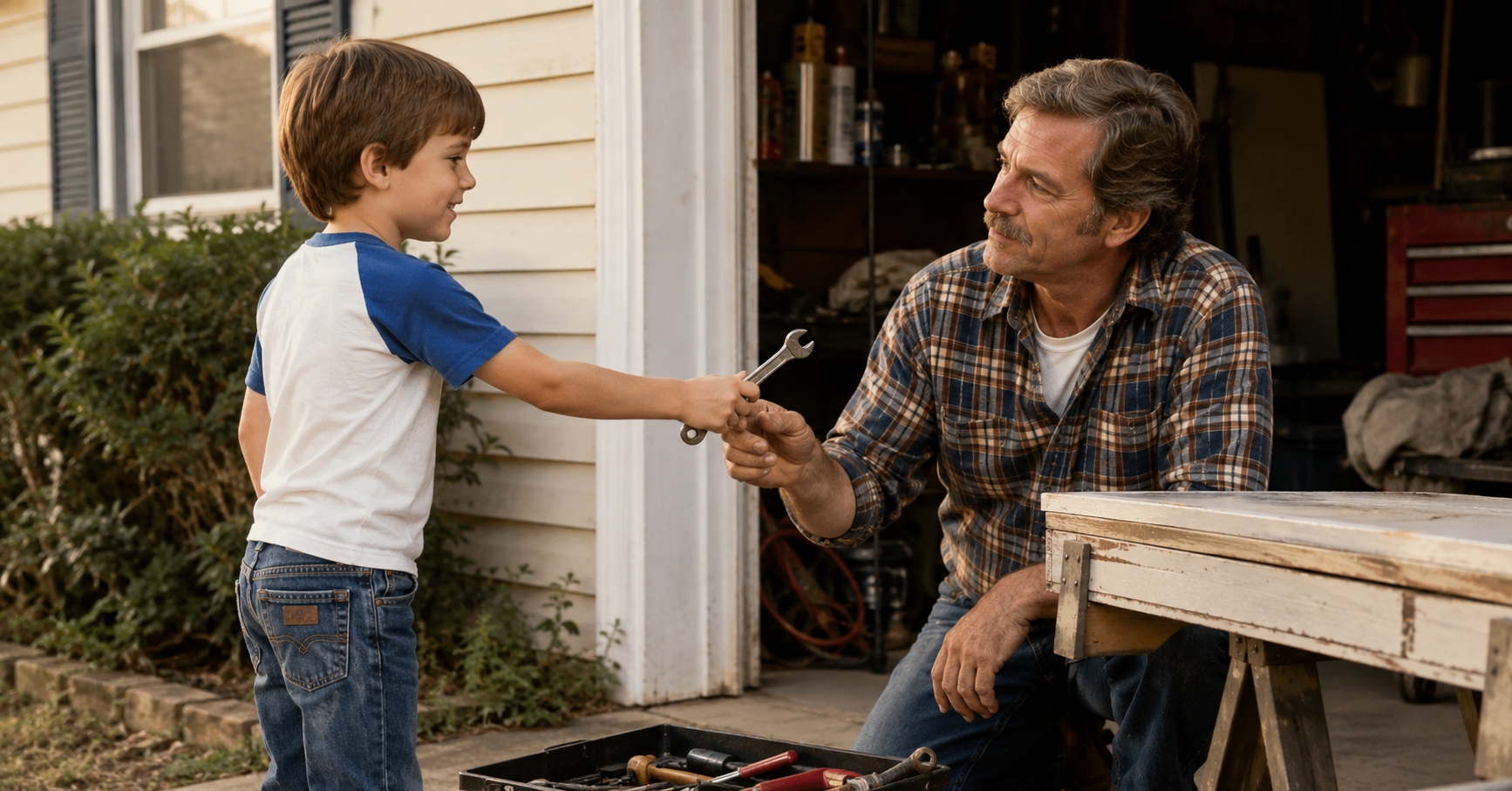 Young boy handing a wrench to his father during a home repair in a modest 1980s working class home